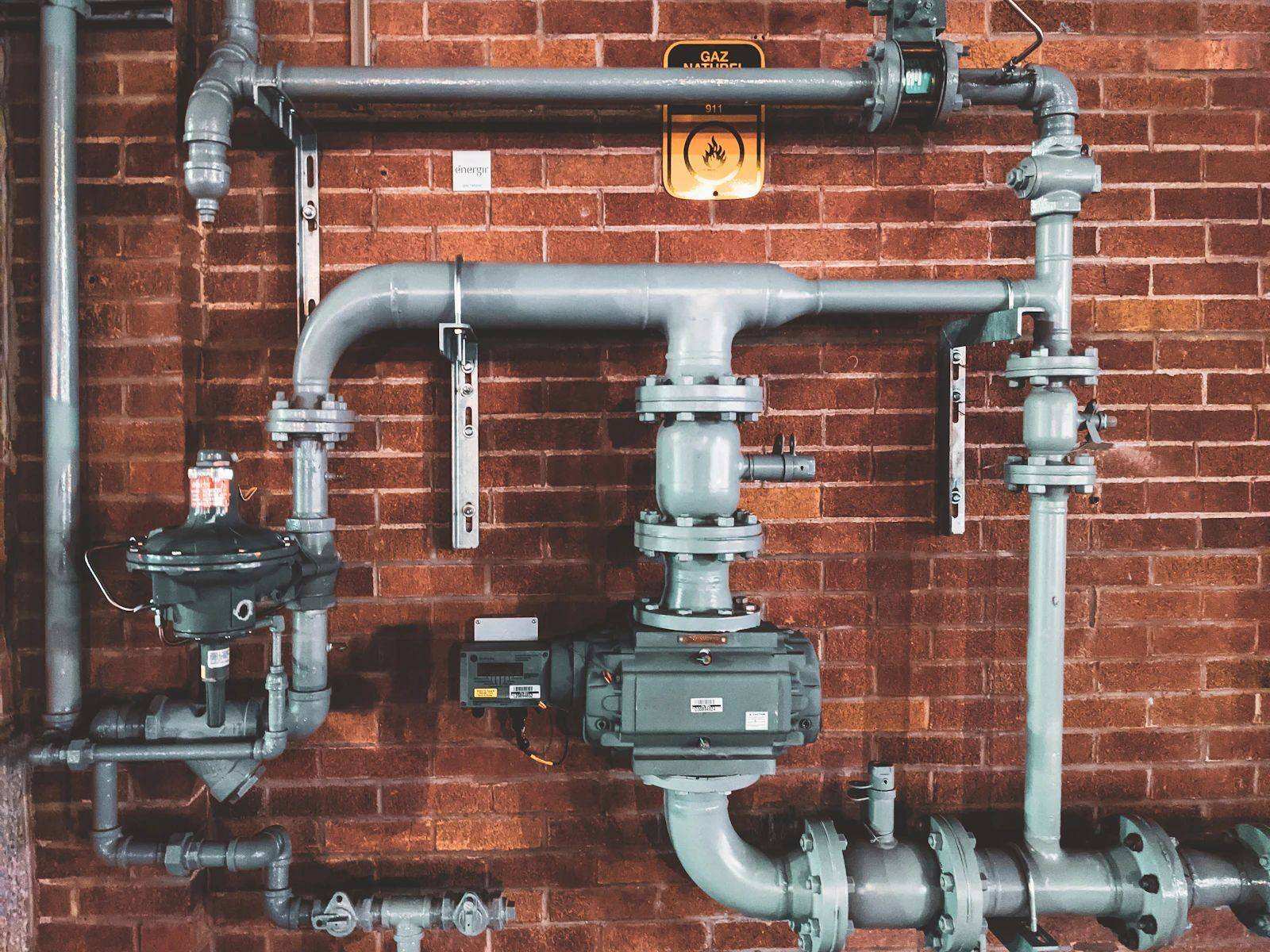 Industrial pipework on a brick wall, treated for night